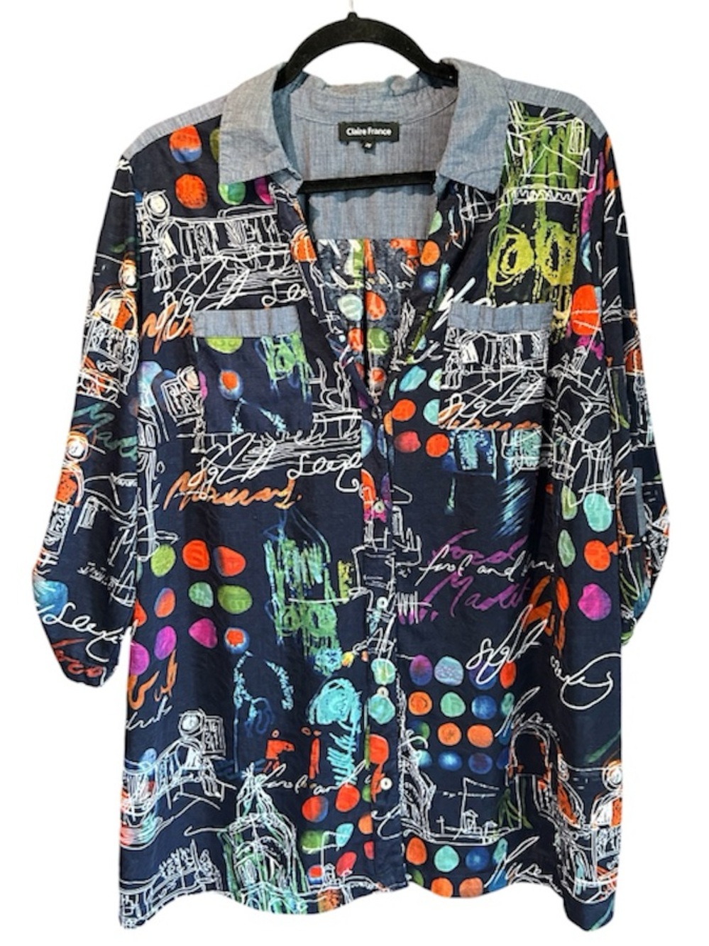 Claire France Multicolor Scribble-Print Button Shirt with Blue Collar